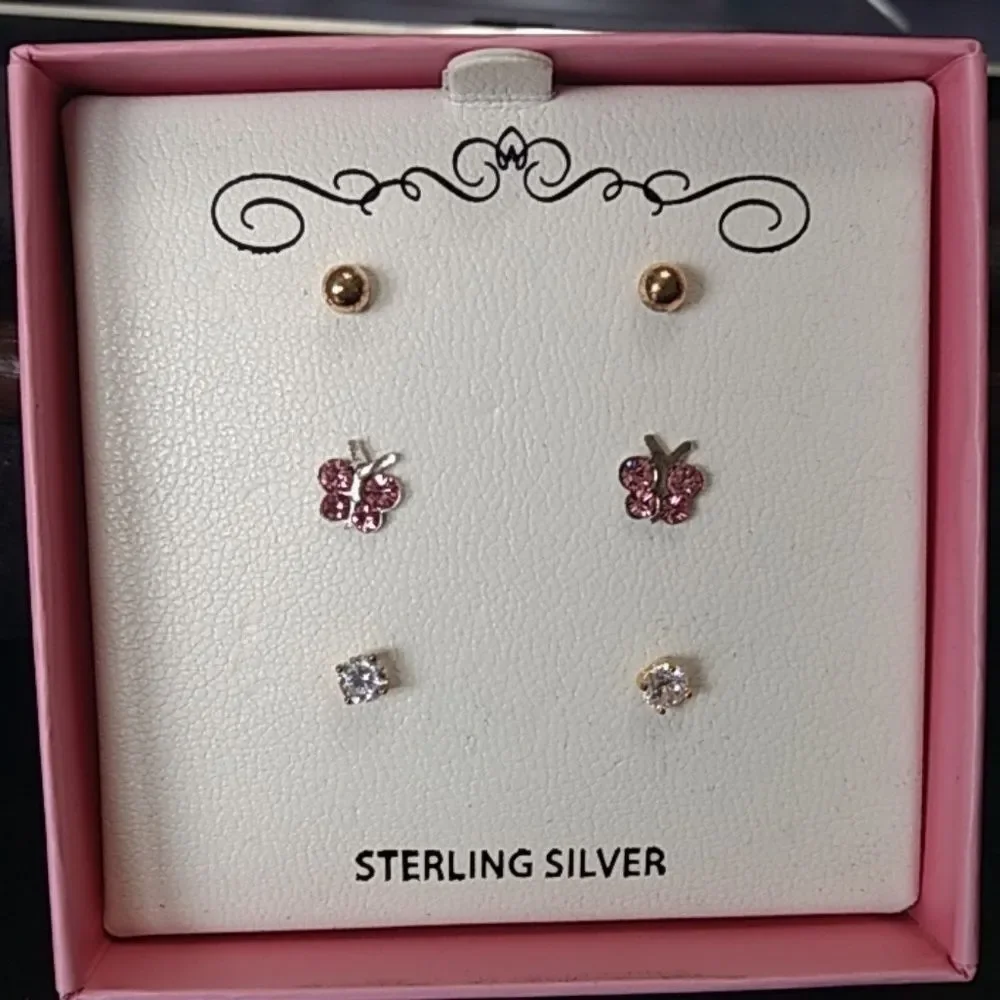 Dainty sterling silver earring set of three gold pink